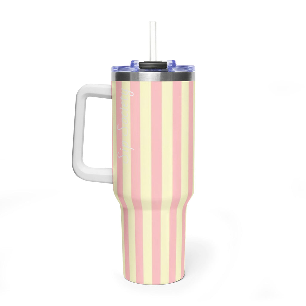 40oz Striped Pastel Travel Tumbler — Pink & Cream Thermal Cup with sip society script