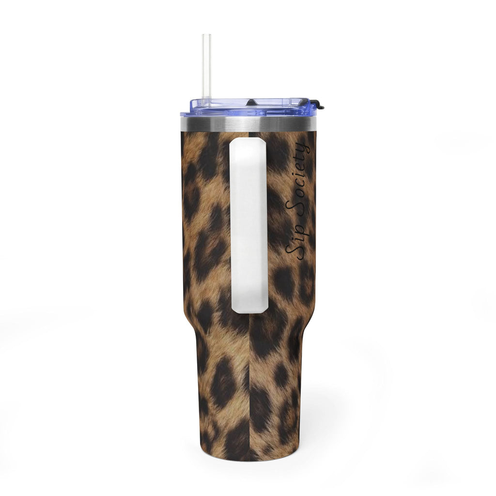 40oz Leopard Print Vacuum Tumbler — Insulated Travel Mug with sip society script