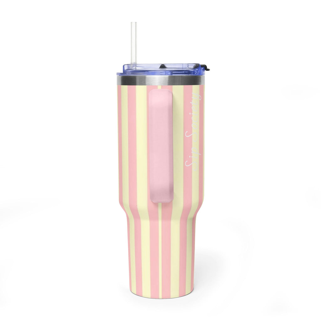 40oz Striped Pastel Travel Tumbler — Pink & Cream Thermal Cup with sip society script