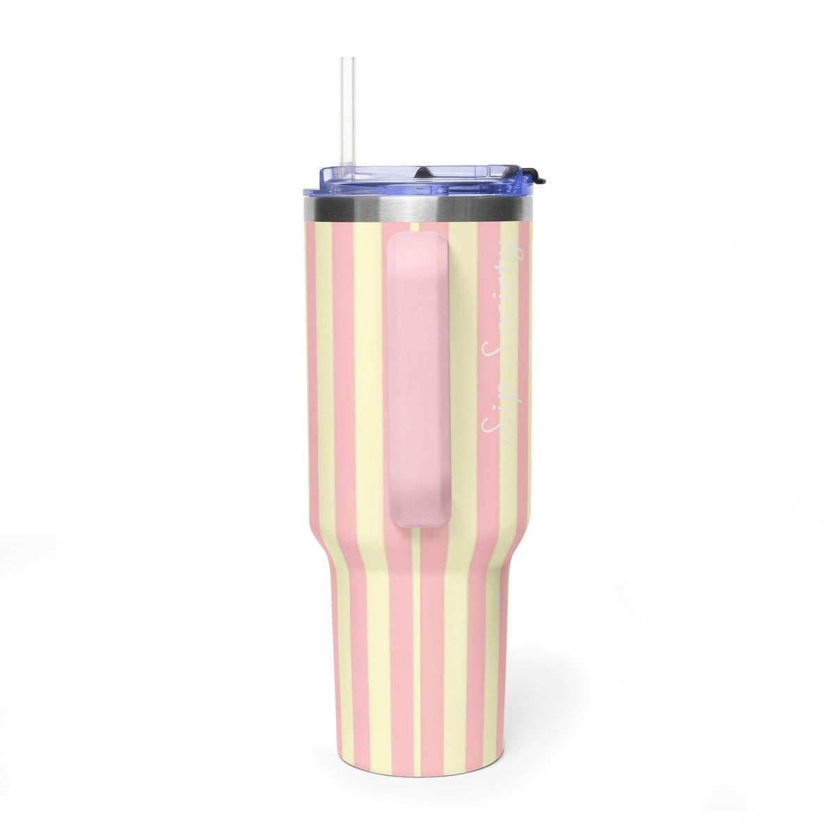 40oz Striped Pastel Travel Tumbler — Pink & Cream Thermal Cup with sip society script