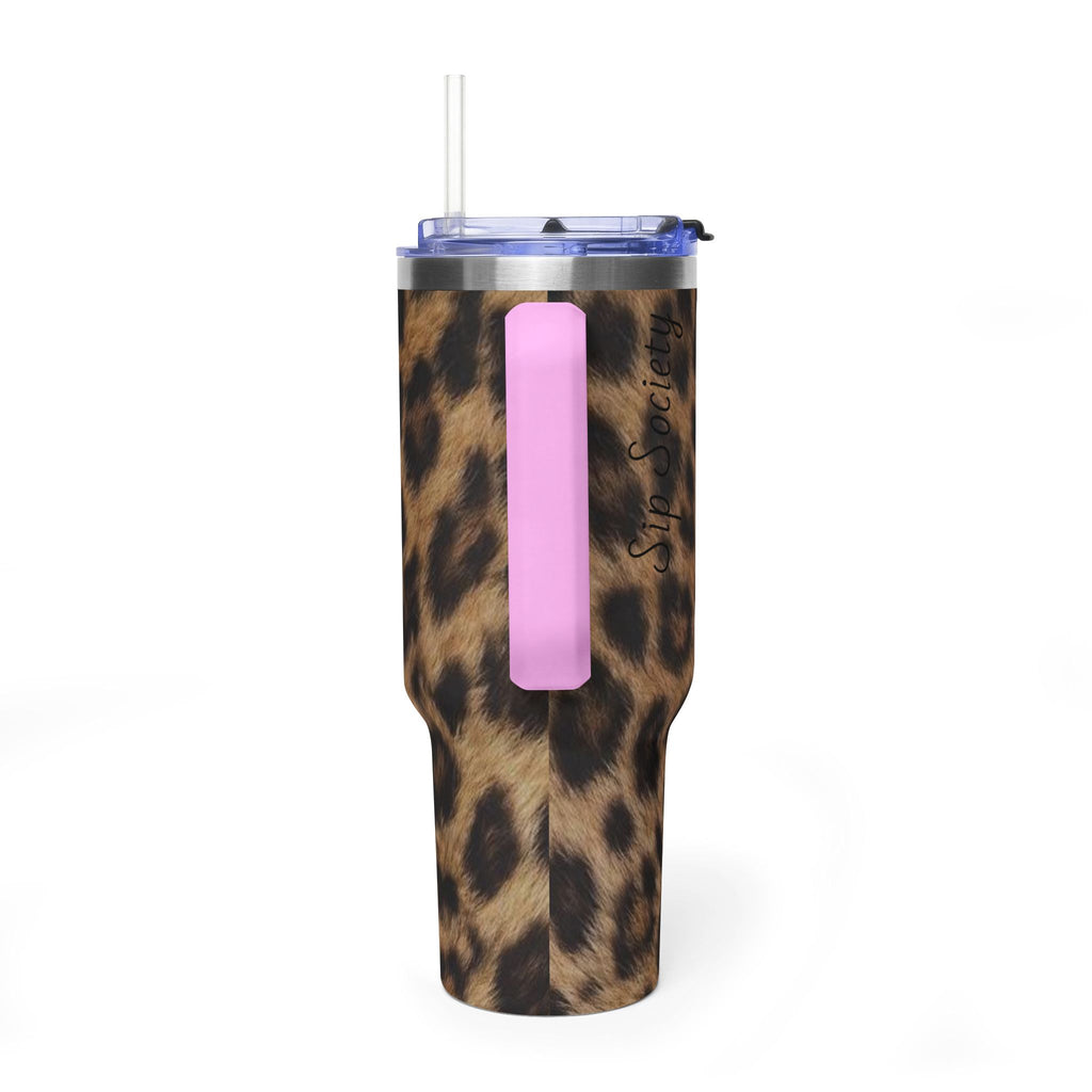 40oz Leopard Print Vacuum Tumbler — Insulated Travel Mug with sip society script