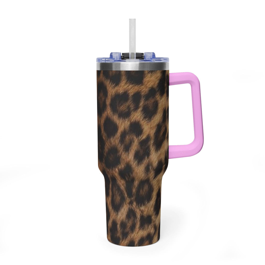 40oz Leopard Print Vacuum Tumbler — Insulated Travel Mug with sip society script