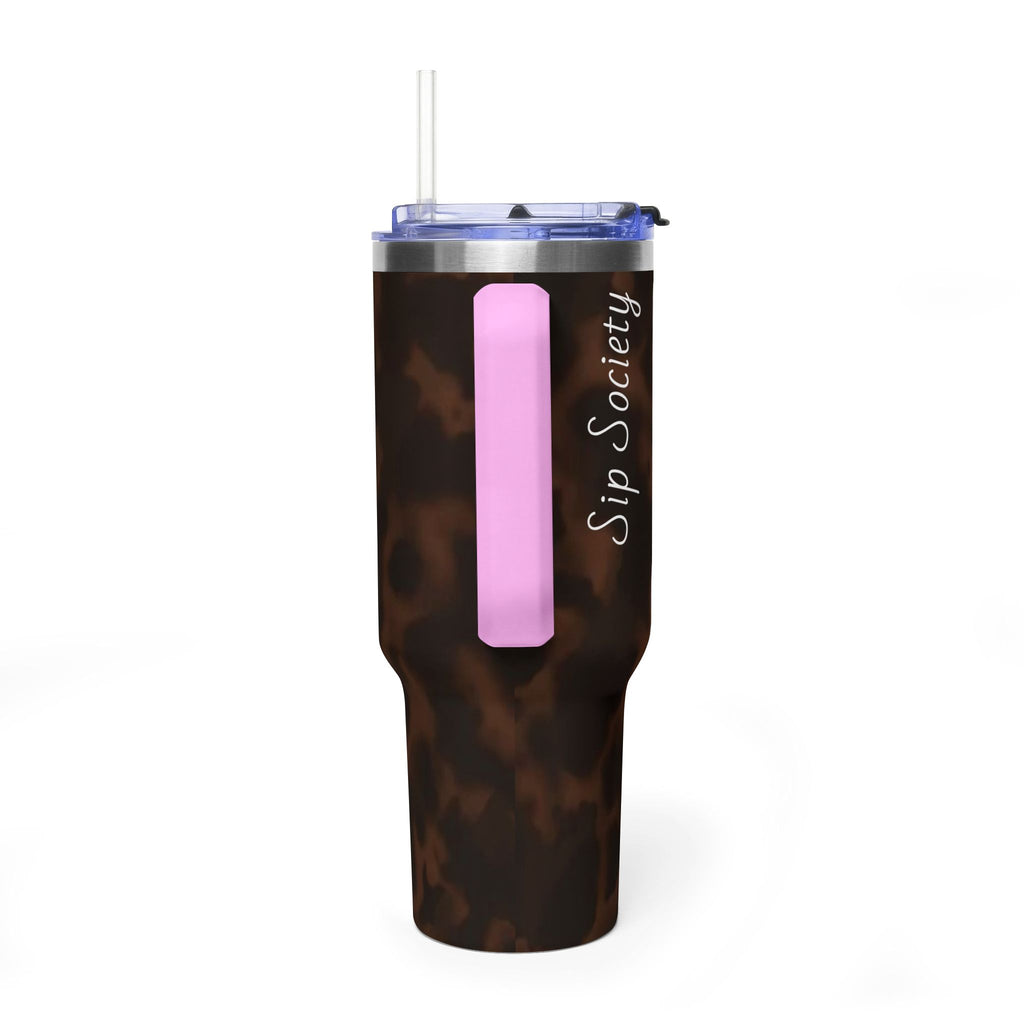 40oz Tumbler - Brown Tortoiseshell Thermal Travel Mug with 'Sip Society' Script