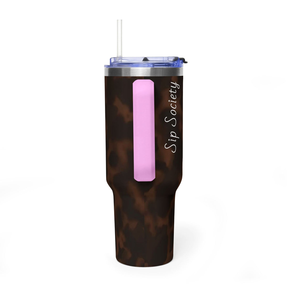 40oz Tumbler - Brown Tortoiseshell Thermal Travel Mug with 'Sip Society' Script