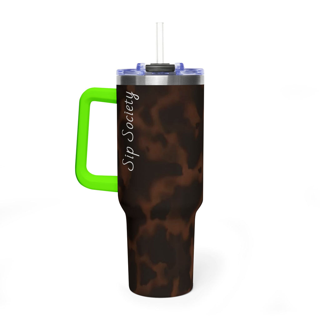40oz Tumbler - Brown Tortoiseshell Thermal Travel Mug with 'Sip Society' Script