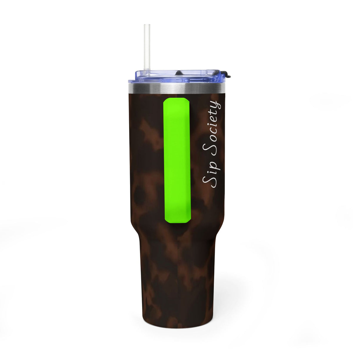 40oz Tumbler - Brown Tortoiseshell Thermal Travel Mug with 'Sip Society' Script