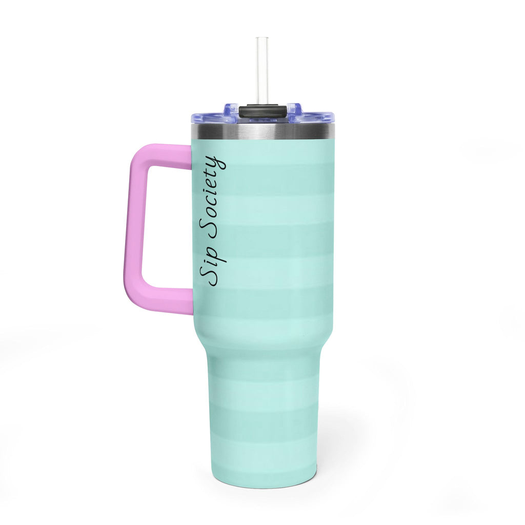 40oz Mint Stripe Vacuum Tumbler — 'Sip Society' Insulated Travel Mug  with sip society script
