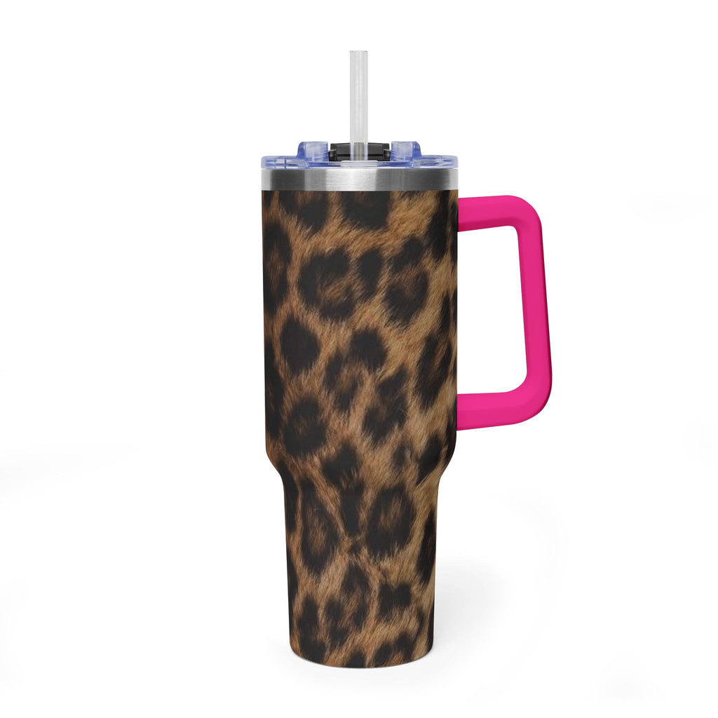 40oz Leopard Print Vacuum Tumbler — Insulated Travel Mug with sip society script