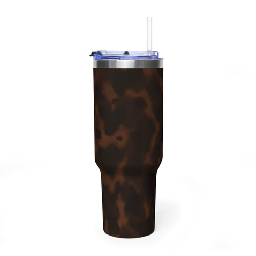 40oz Tumbler - Brown Tortoiseshell Thermal Travel Mug with 'Sip Society' Script