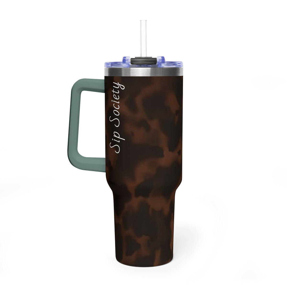 40oz Tumbler - Brown Tortoiseshell Thermal Travel Mug with 'Sip Society' Script