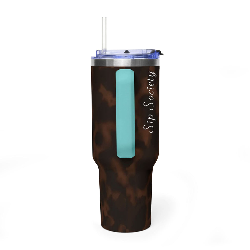 40oz Tumbler - Brown Tortoiseshell Thermal Travel Mug with 'Sip Society' Script