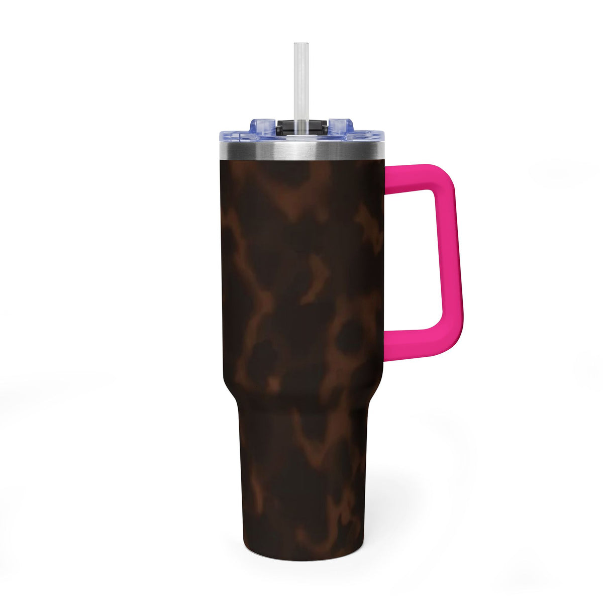 40oz Tumbler - Brown Tortoiseshell Thermal Travel Mug with 'Sip Society' Script