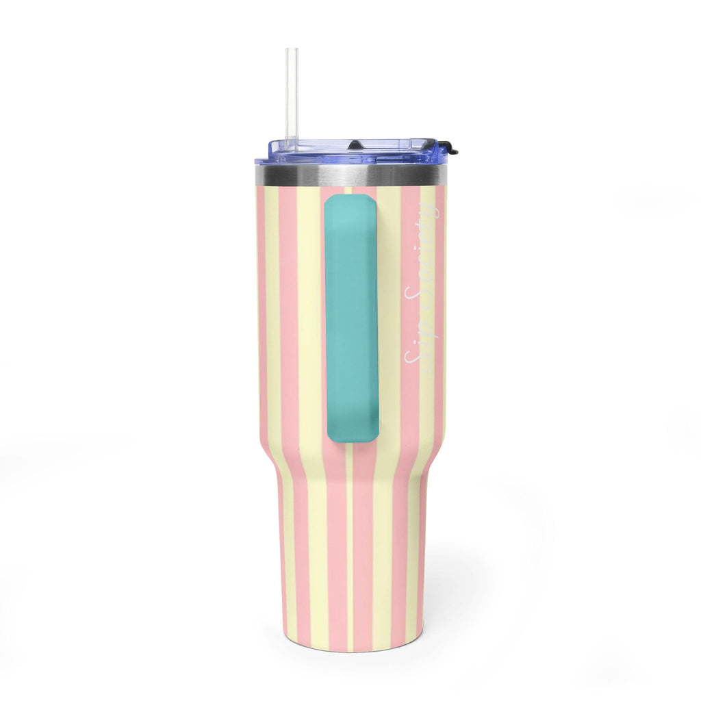 40oz Striped Pastel Travel Tumbler — Pink & Cream Thermal Cup with sip society script