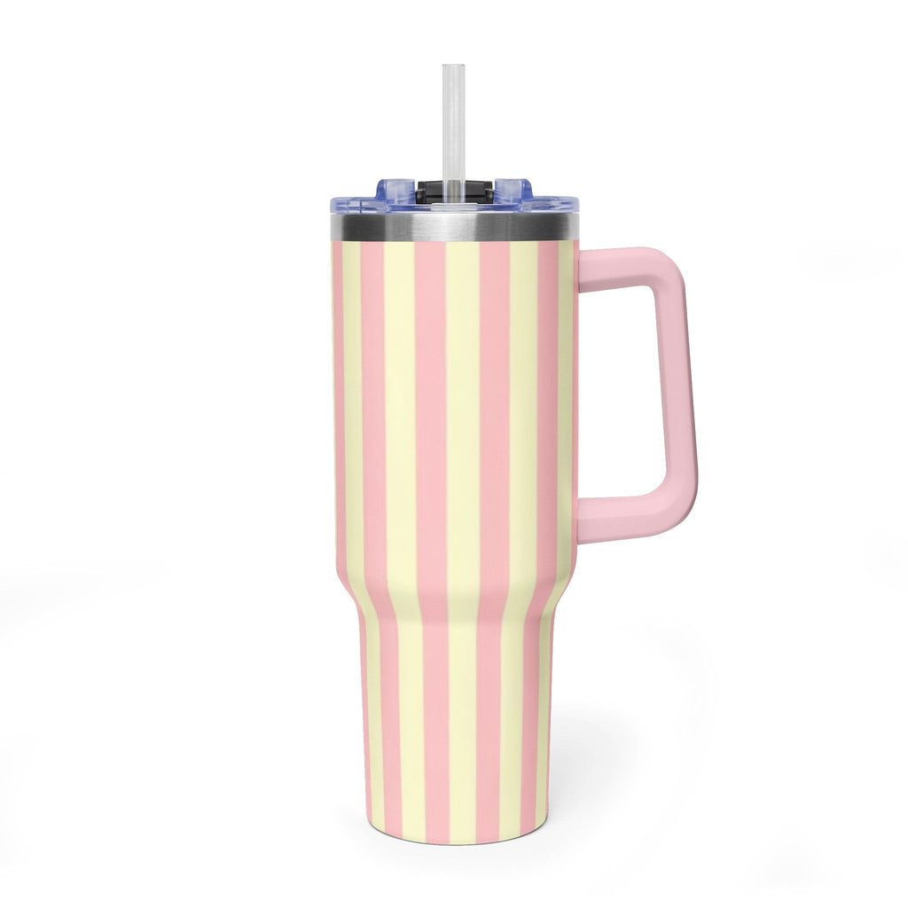 40oz Striped Pastel Travel Tumbler — Pink & Cream Thermal Cup with sip society script