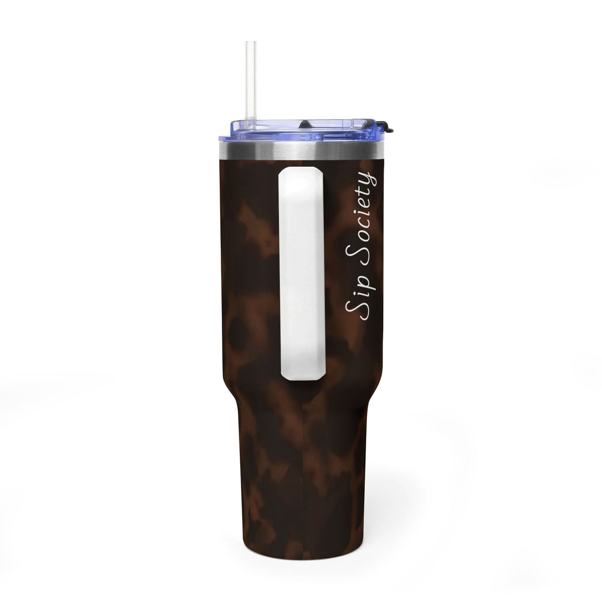 40oz Tumbler - Brown Tortoiseshell Thermal Travel Mug with 'Sip Society' Script