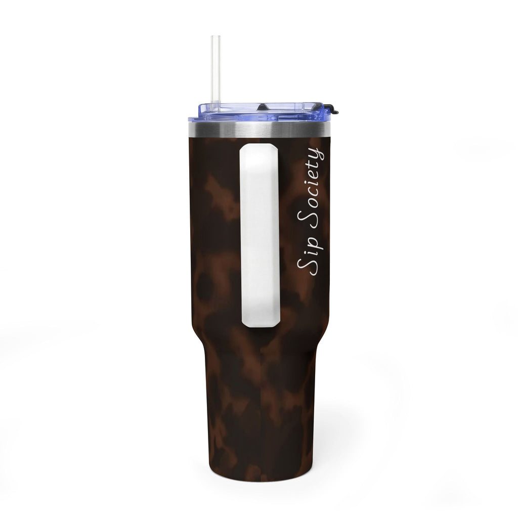 40oz Tumbler - Brown Tortoiseshell Thermal Travel Mug with 'Sip Society' Script