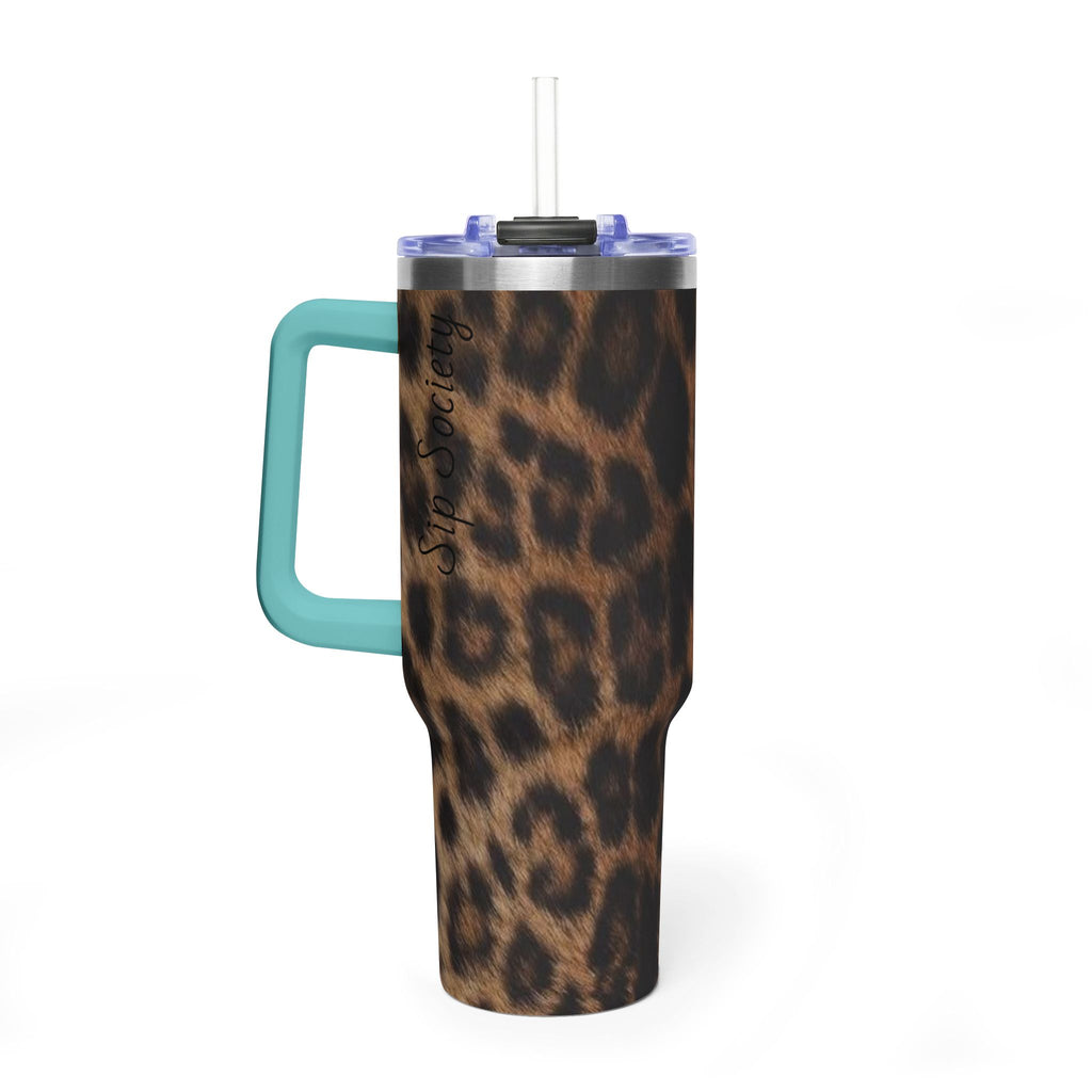 40oz Leopard Print Vacuum Tumbler — Insulated Travel Mug with sip society script