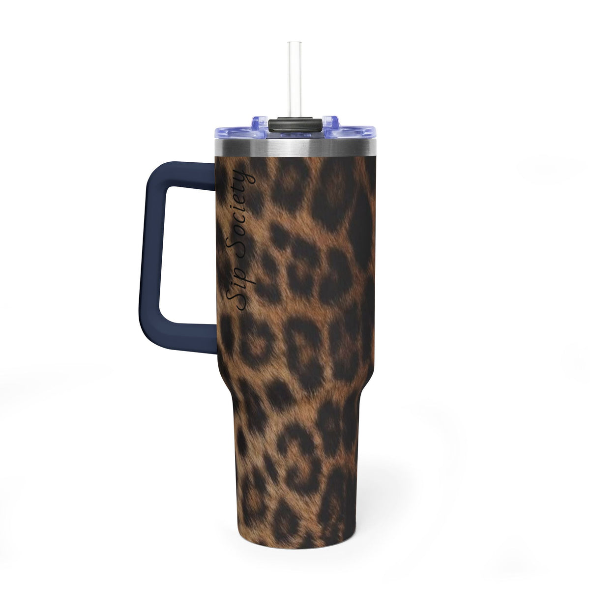 40oz Leopard Print Vacuum Tumbler — Insulated Travel Mug with sip society script