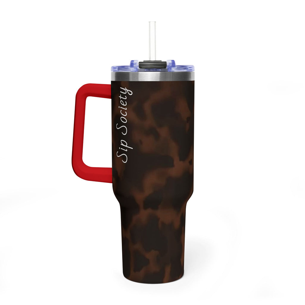 40oz Tumbler - Brown Tortoiseshell Thermal Travel Mug with 'Sip Society' Script
