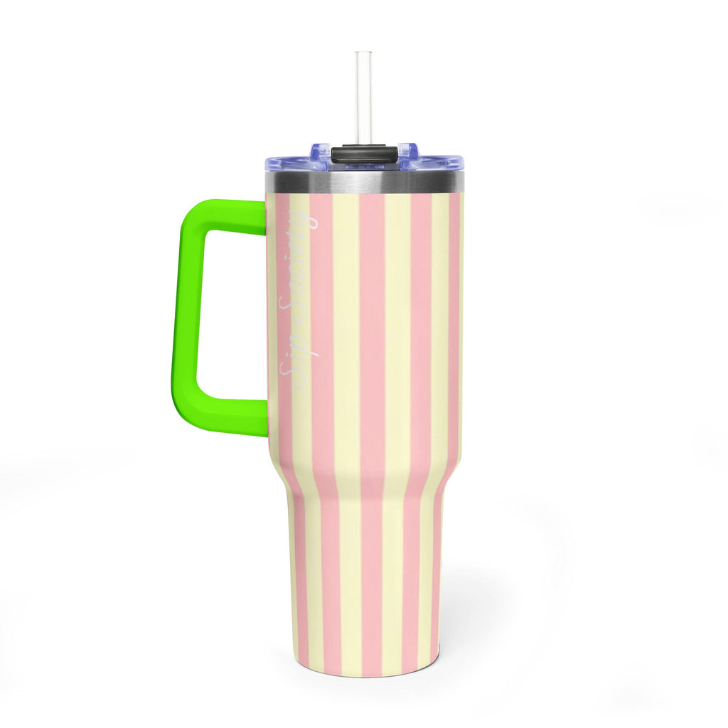 40oz Striped Pastel Travel Tumbler — Pink & Cream Thermal Cup with sip society script