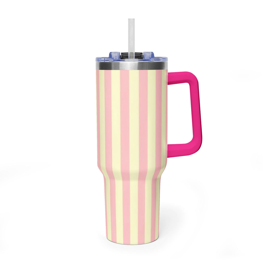 40oz Striped Pastel Travel Tumbler — Pink & Cream Thermal Cup with sip society script