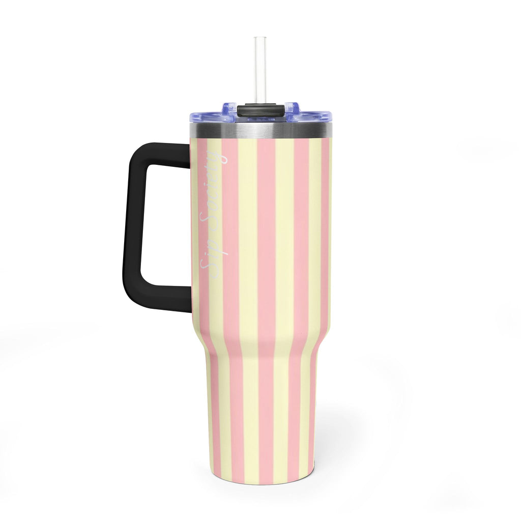 40oz Striped Pastel Travel Tumbler — Pink & Cream Thermal Cup with sip society script