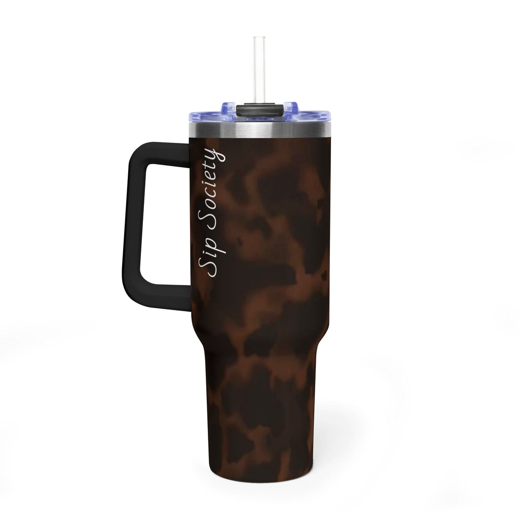 40oz Tumbler - Brown Tortoiseshell Thermal Travel Mug with 'Sip Society' Script