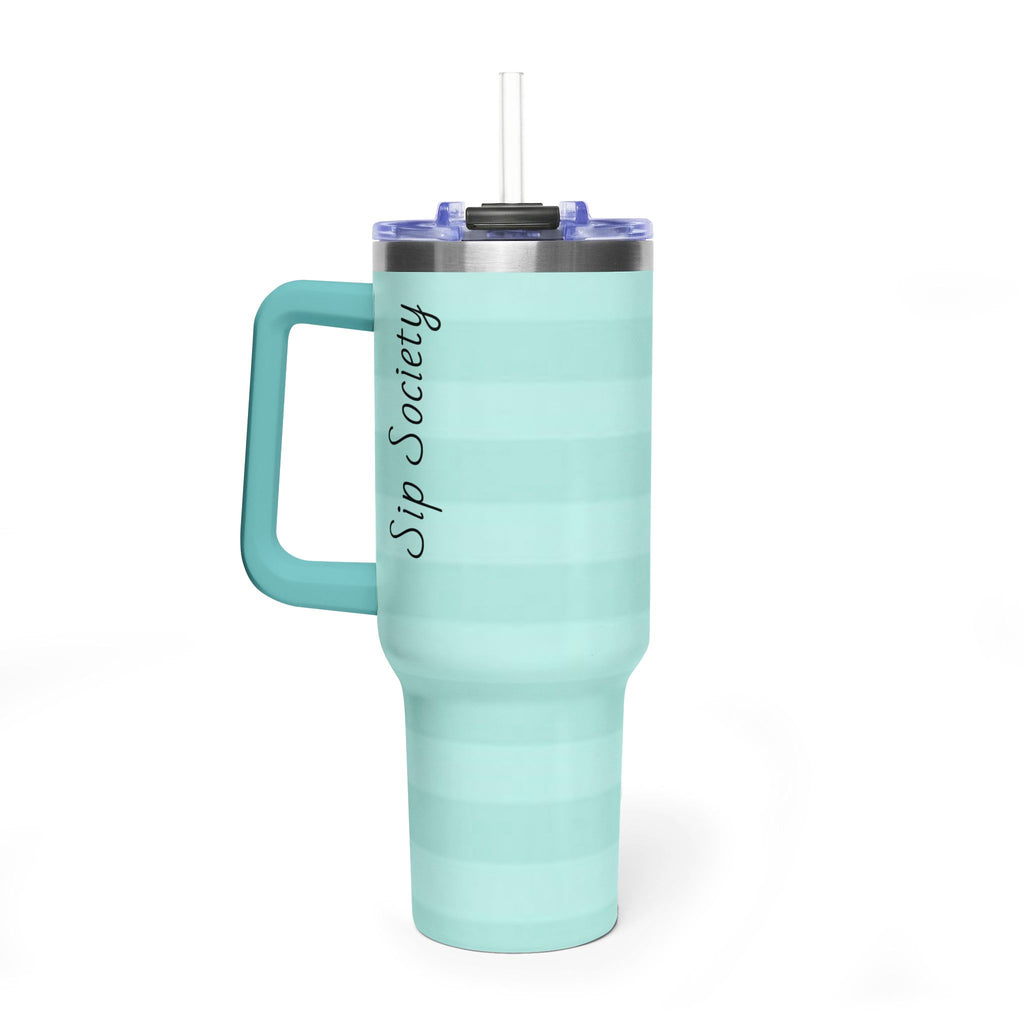 40oz Mint Stripe Vacuum Tumbler — 'Sip Society' Insulated Travel Mug  with sip society script