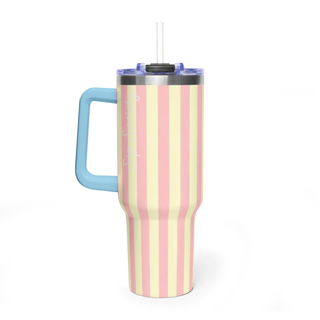 40oz Striped Pastel Travel Tumbler — Pink & Cream Thermal Cup with sip society script