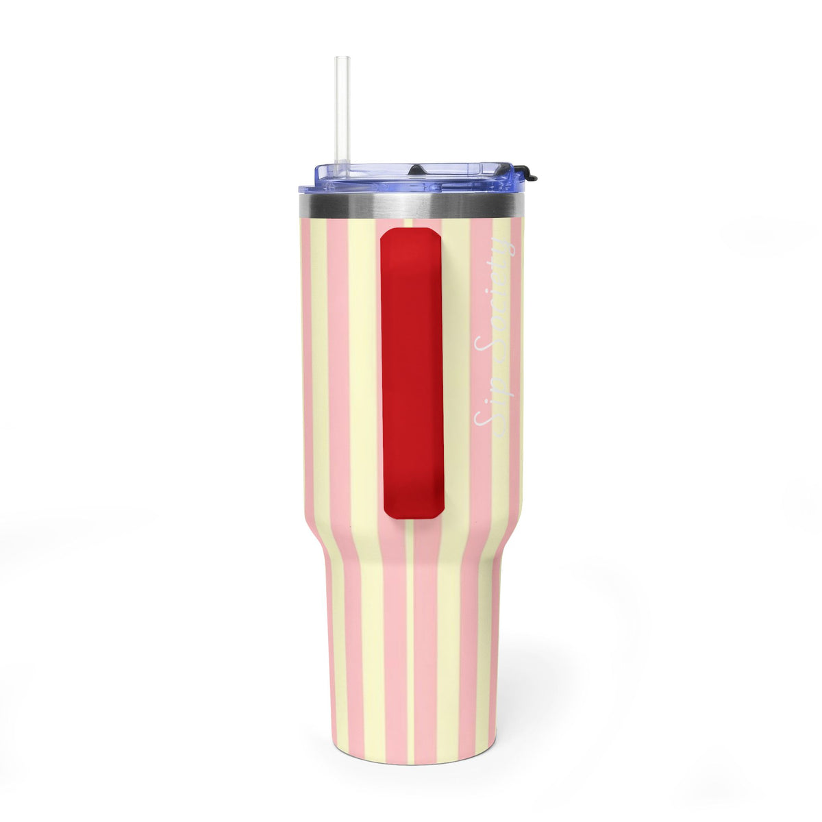 40oz Striped Pastel Travel Tumbler — Pink & Cream Thermal Cup with sip society script