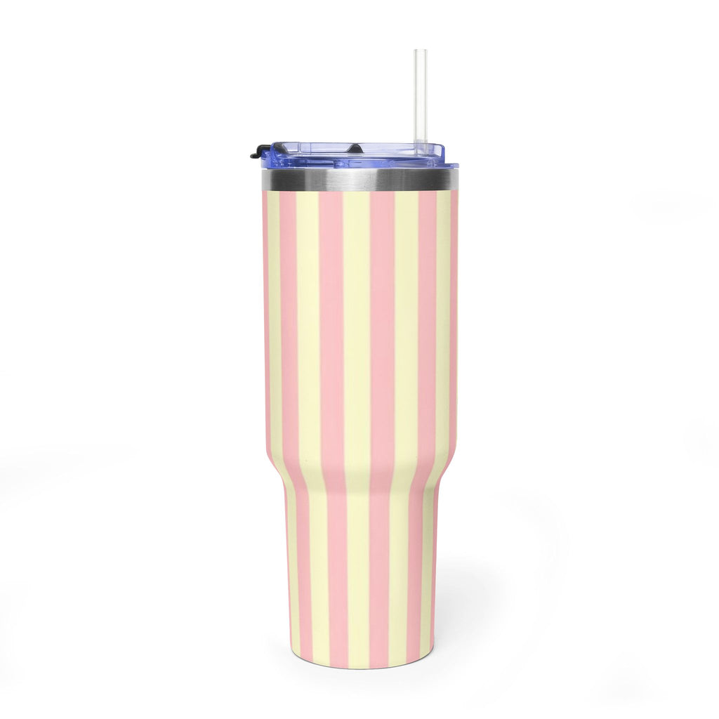 40oz Striped Pastel Travel Tumbler — Pink & Cream Thermal Cup with sip society script