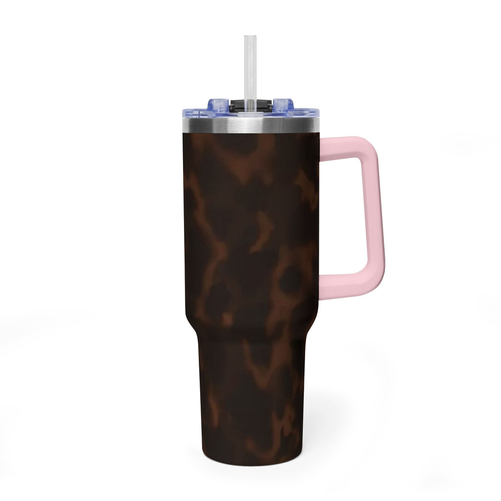 40oz Tumbler - Brown Tortoiseshell Thermal Travel Mug with 'Sip Society' Script