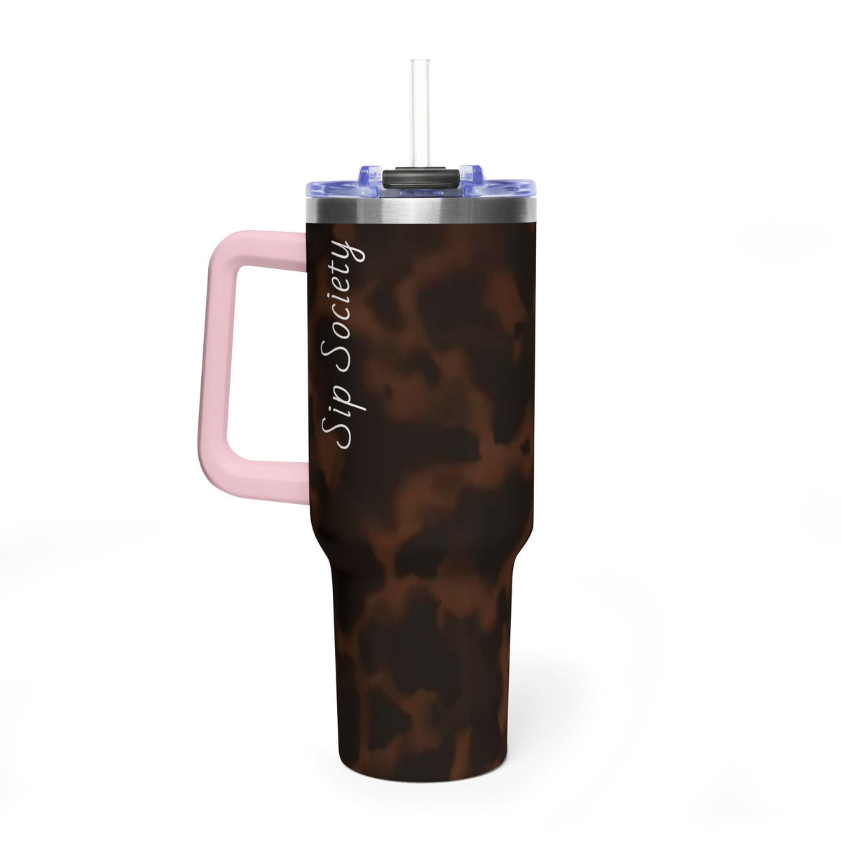 40oz Tumbler - Brown Tortoiseshell Thermal Travel Mug with 'Sip Society' Script