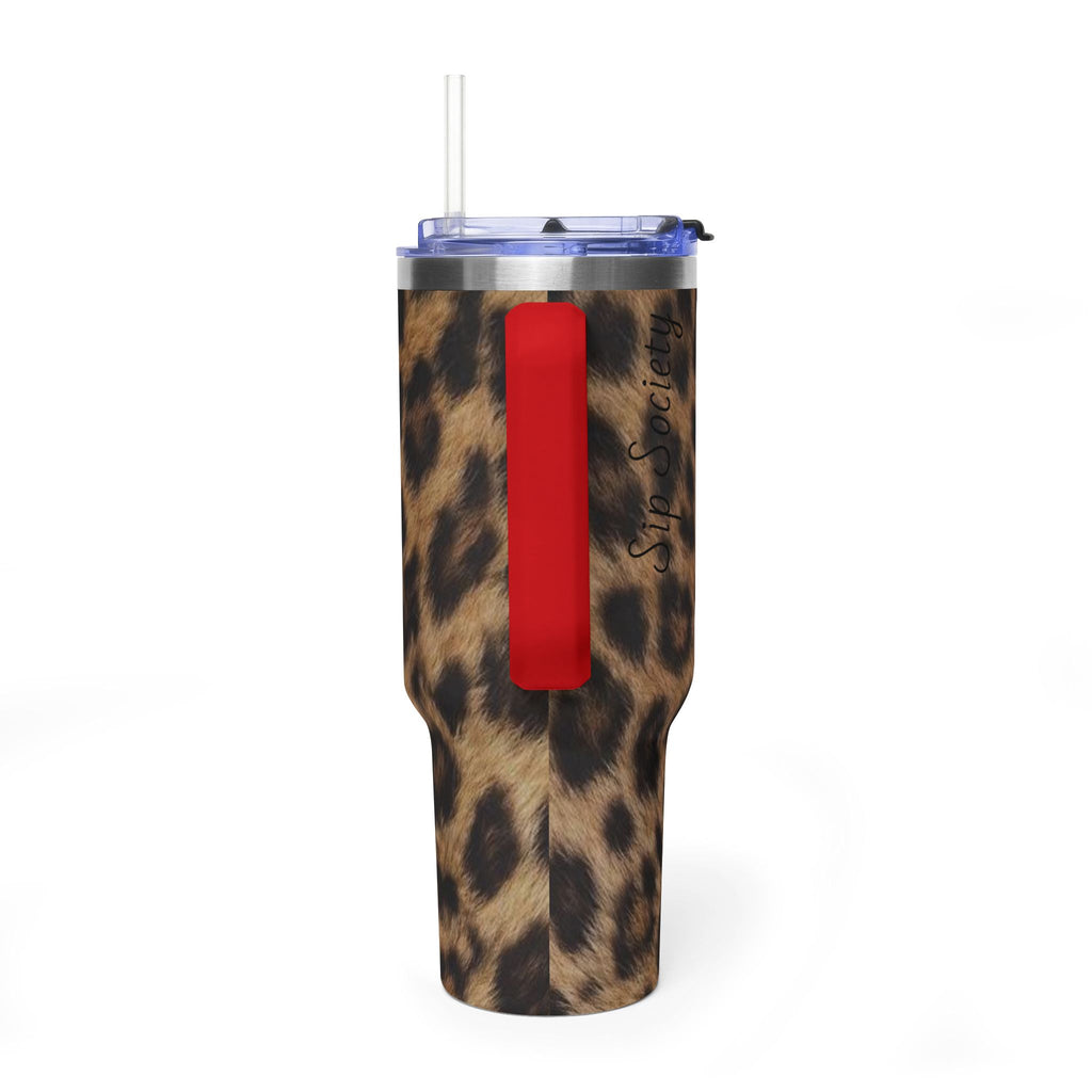 40oz Leopard Print Vacuum Tumbler — Insulated Travel Mug with sip society script