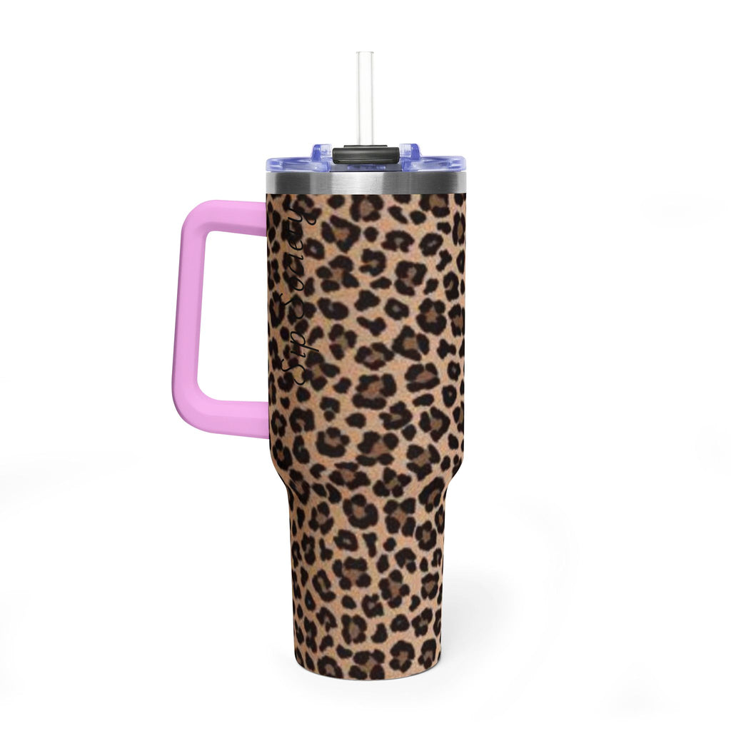 Leopard Print 40oz Vacuum Tumbler - Insulated Travel Mug with sip society script