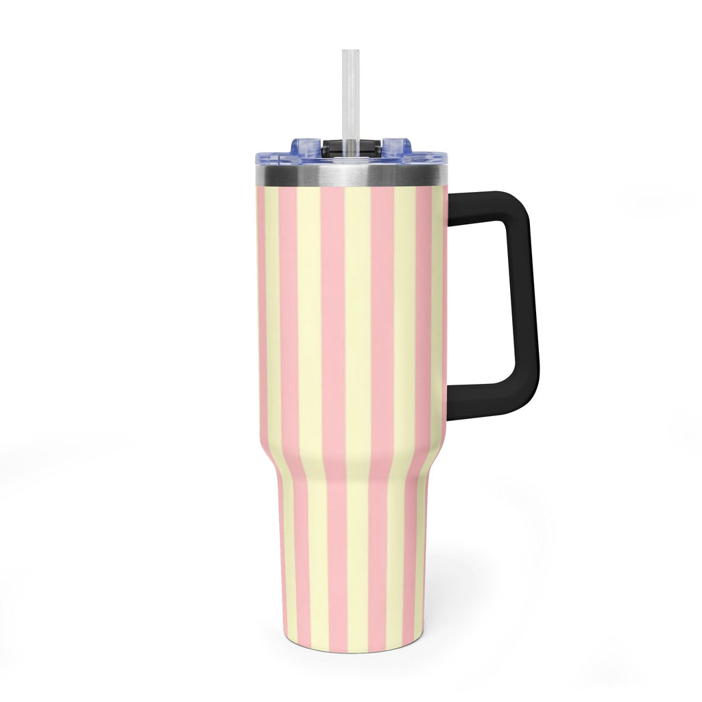 40oz Striped Pastel Travel Tumbler — Pink & Cream Thermal Cup with sip society script