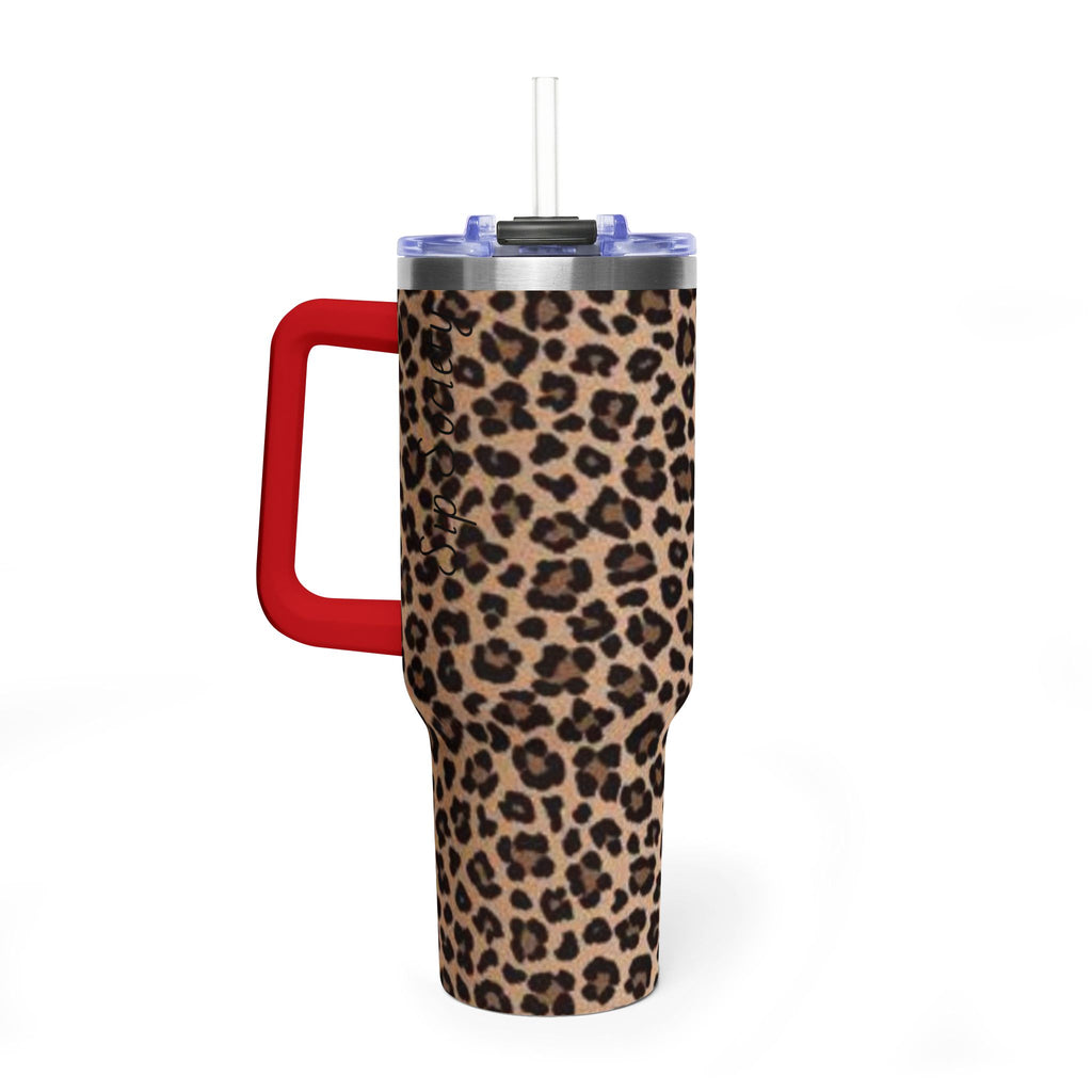 Leopard Print 40oz Vacuum Tumbler - Insulated Travel Mug with sip society script