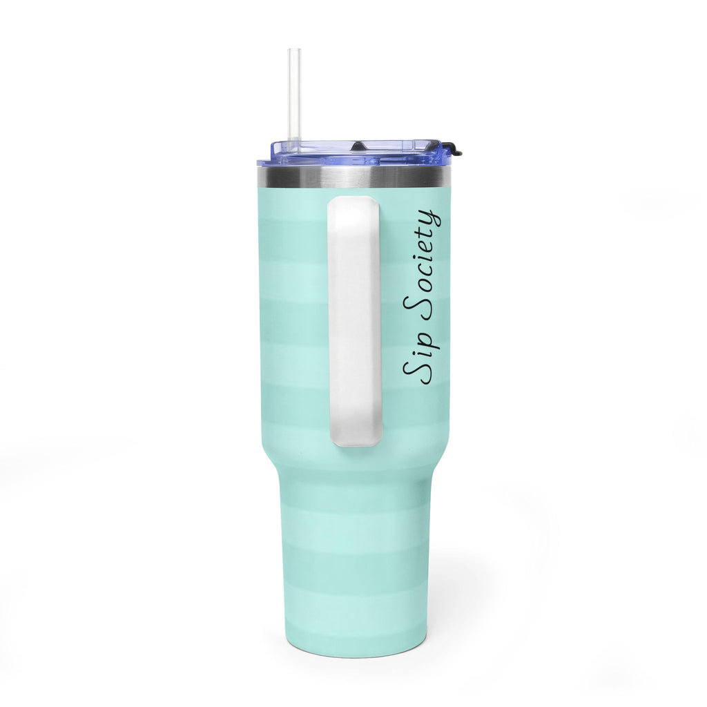 40oz Mint Stripe Vacuum Tumbler — 'Sip Society' Insulated Travel Mug  with sip society script