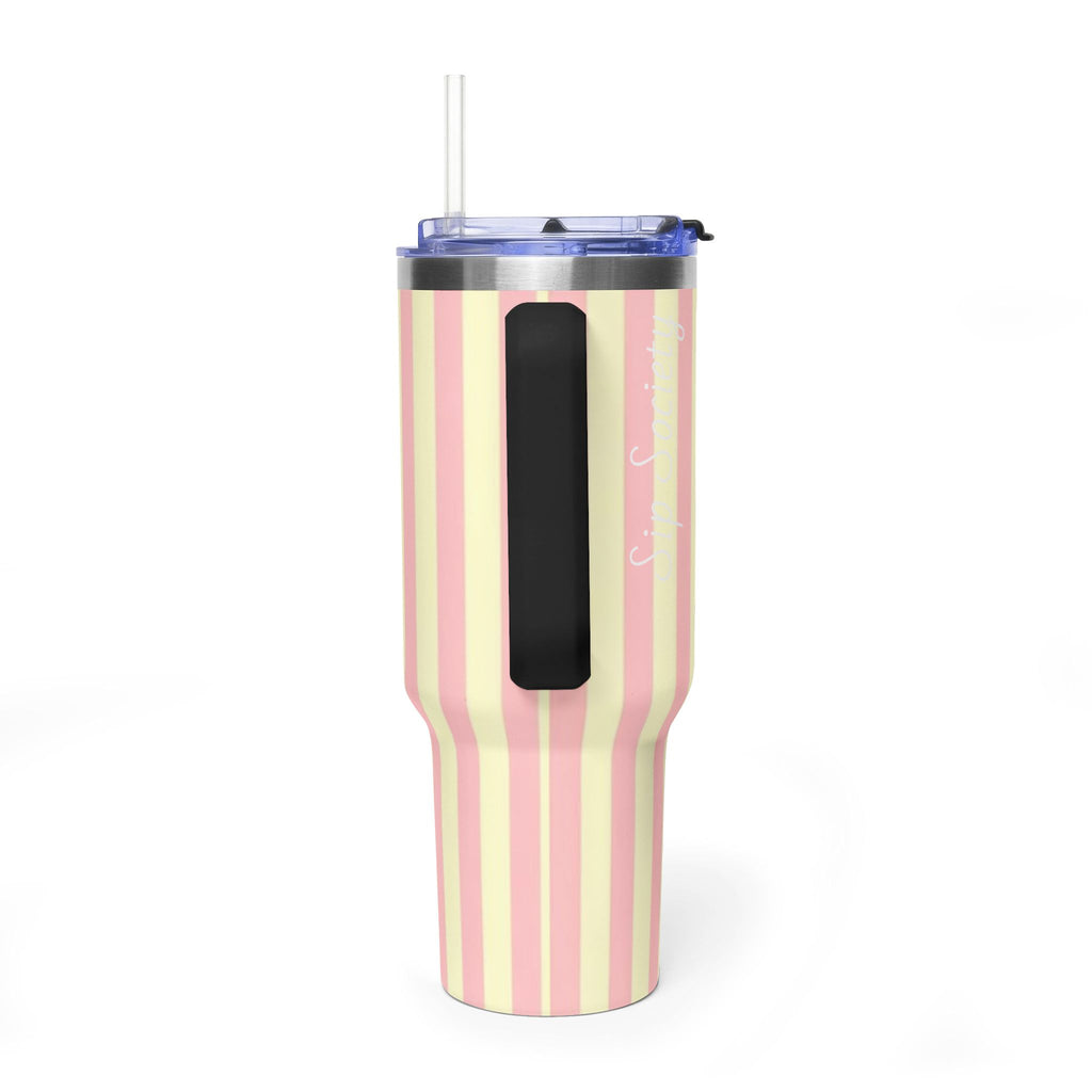 40oz Striped Pastel Travel Tumbler — Pink & Cream Thermal Cup with sip society script
