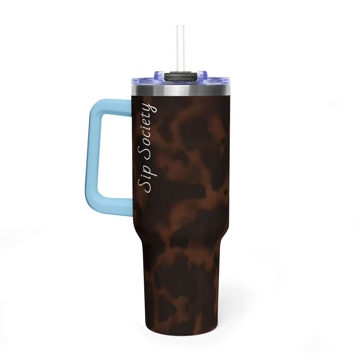 40oz Tumbler - Brown Tortoiseshell Thermal Travel Mug with 'Sip Society' Script