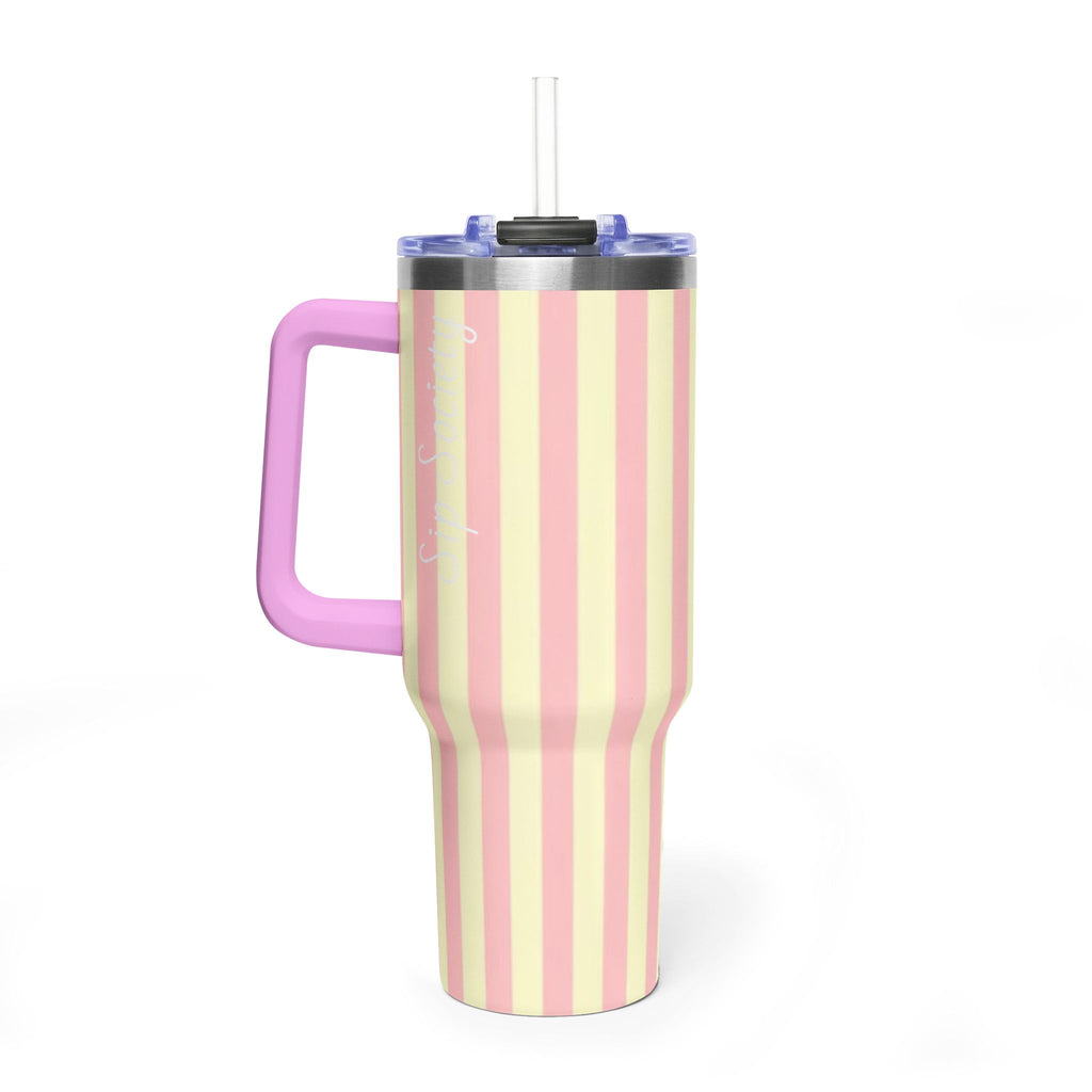 40oz Striped Pastel Travel Tumbler — Pink & Cream Thermal Cup with sip society script
