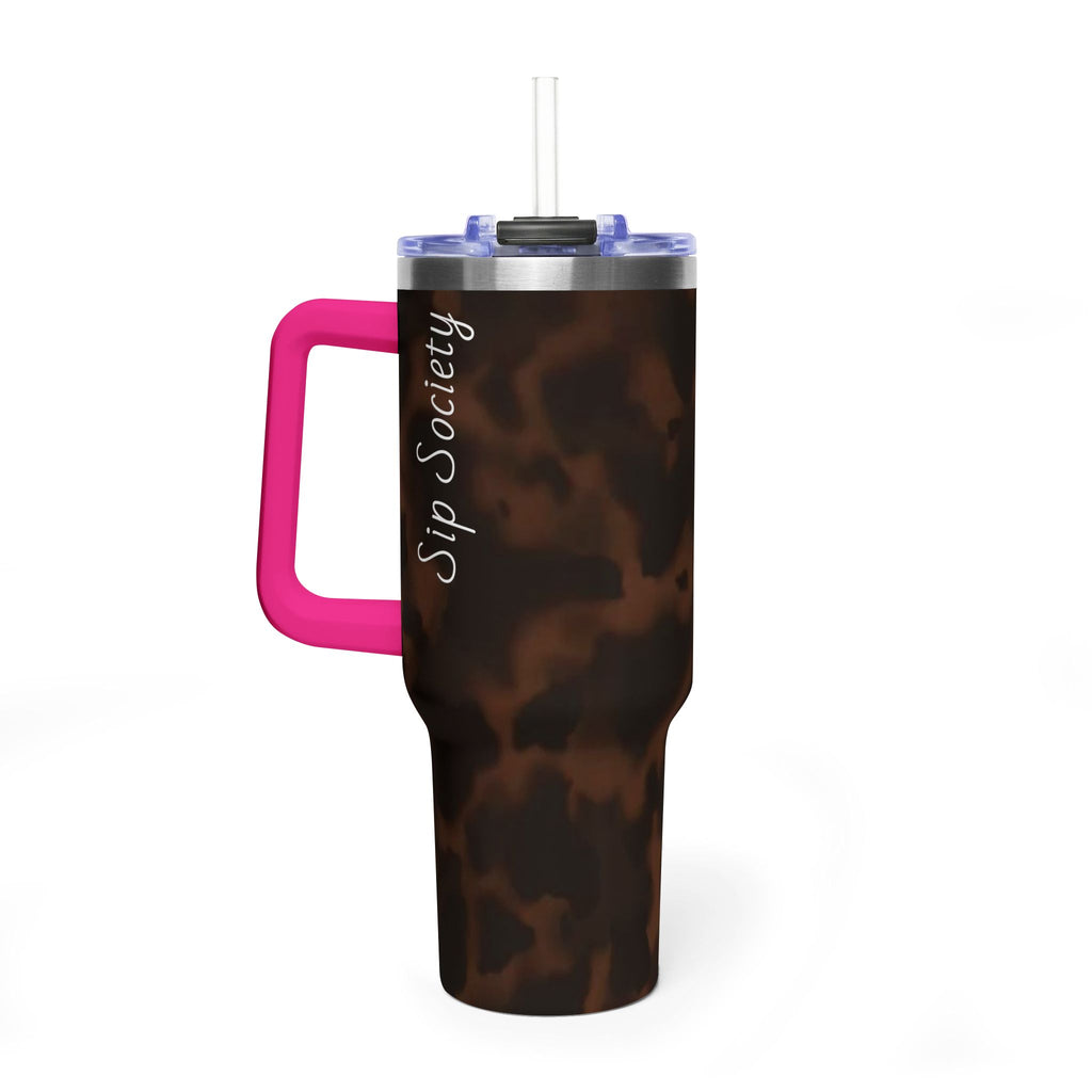 40oz Tumbler - Brown Tortoiseshell Thermal Travel Mug with 'Sip Society' Script