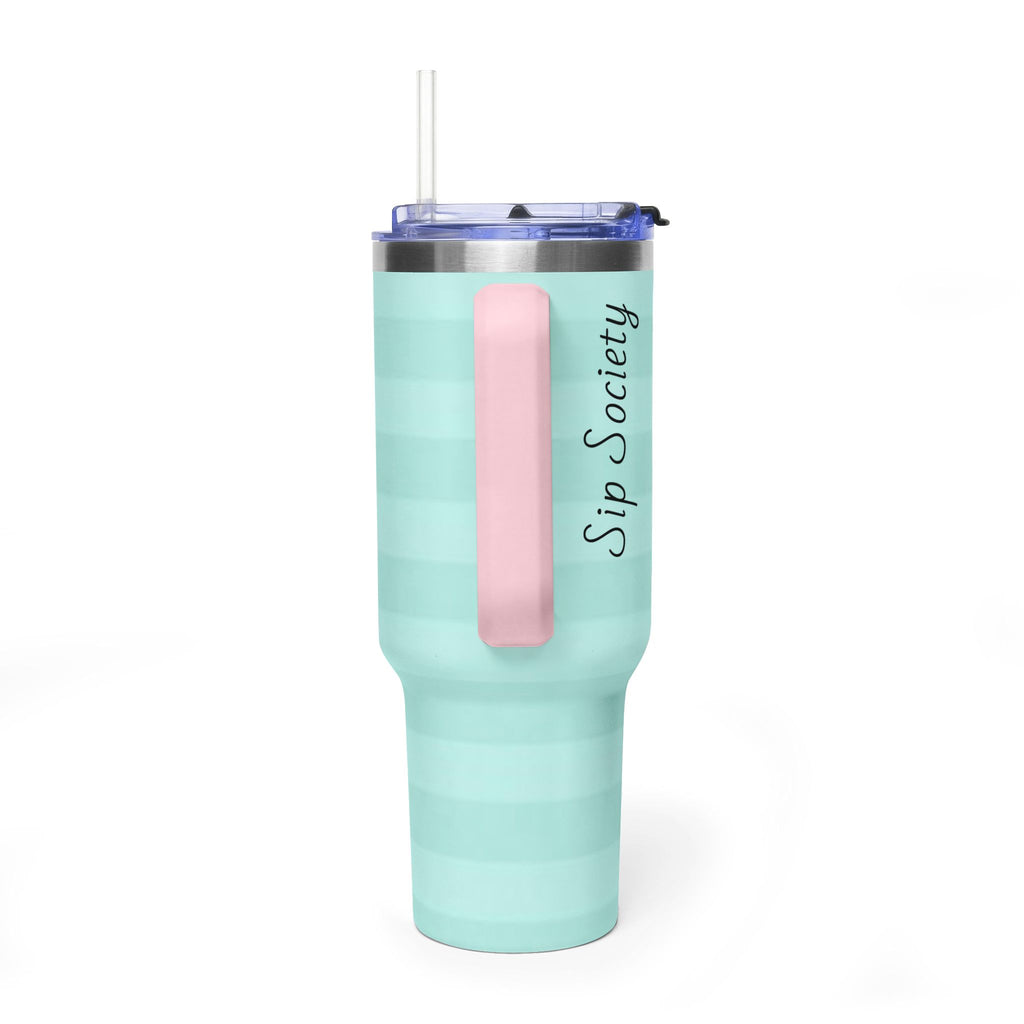 40oz Mint Stripe Vacuum Tumbler — 'Sip Society' Insulated Travel Mug  with sip society script