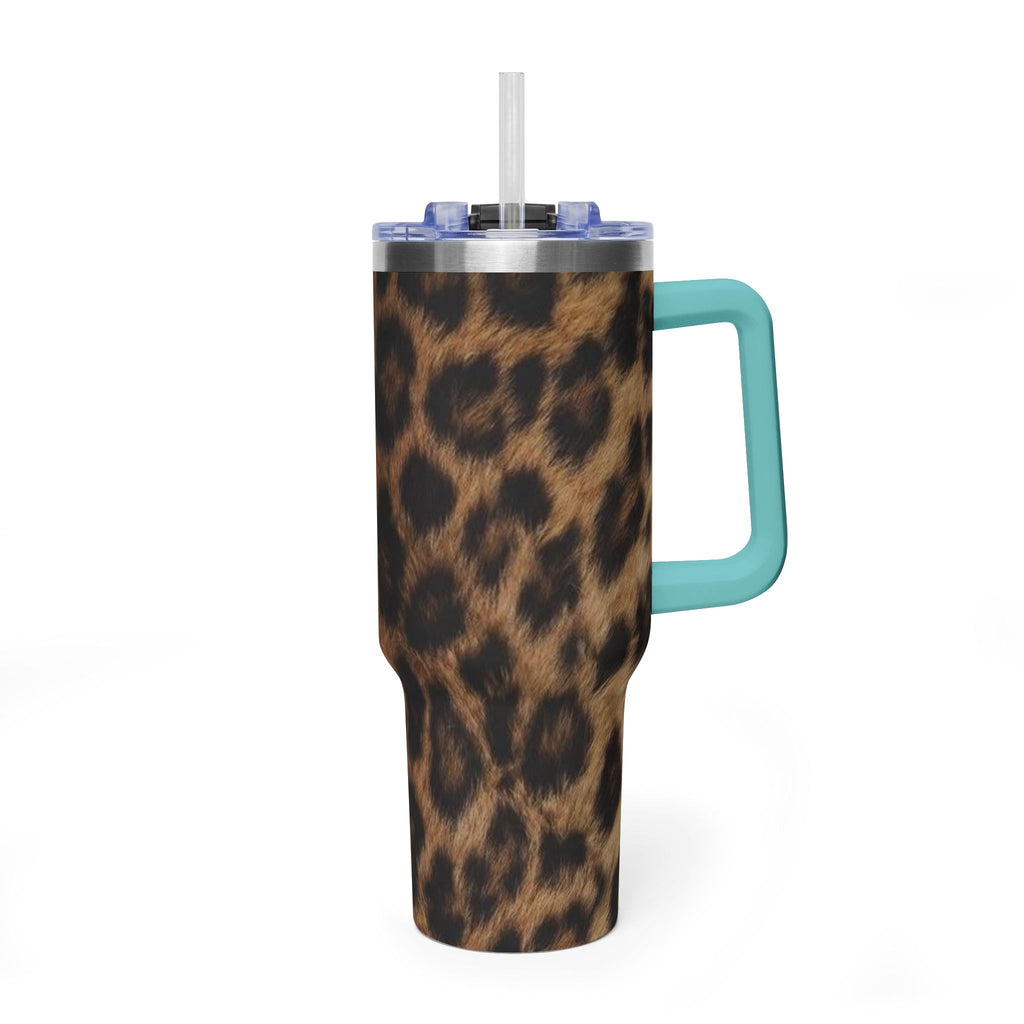 40oz Leopard Print Vacuum Tumbler — Insulated Travel Mug with sip society script