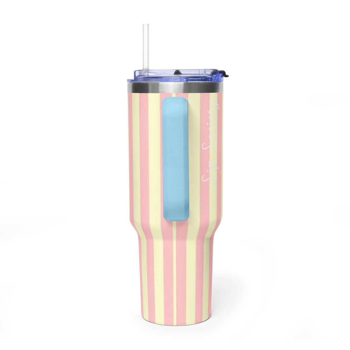 40oz Striped Pastel Travel Tumbler — Pink & Cream Thermal Cup with sip society script