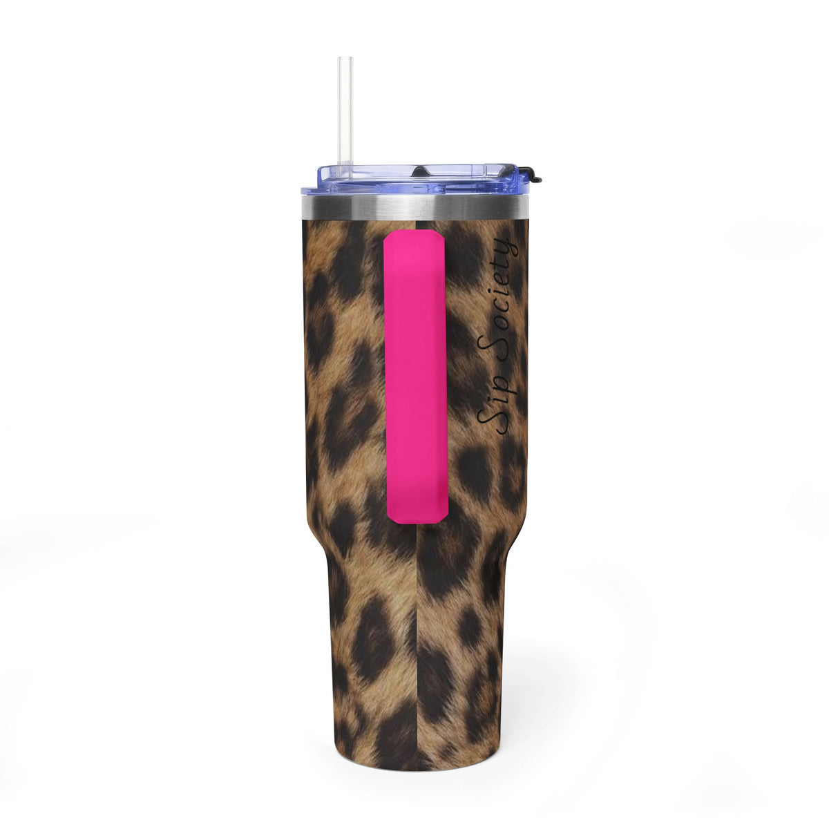 40oz Leopard Print Vacuum Tumbler — Insulated Travel Mug with sip society script
