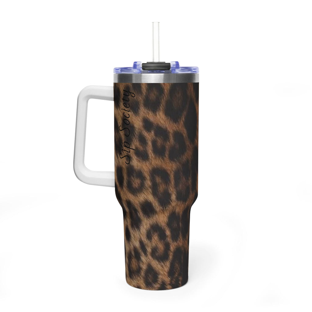 40oz Leopard Print Vacuum Tumbler — Insulated Travel Mug with sip society script