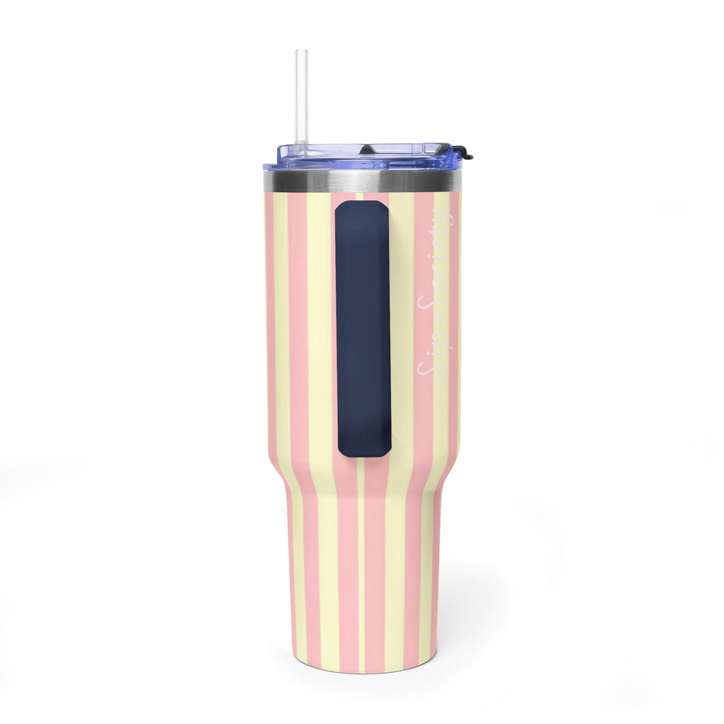 40oz Striped Pastel Travel Tumbler — Pink & Cream Thermal Cup with sip society script