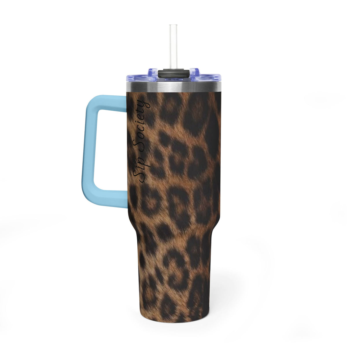 40oz Leopard Print Vacuum Tumbler — Insulated Travel Mug with sip society script