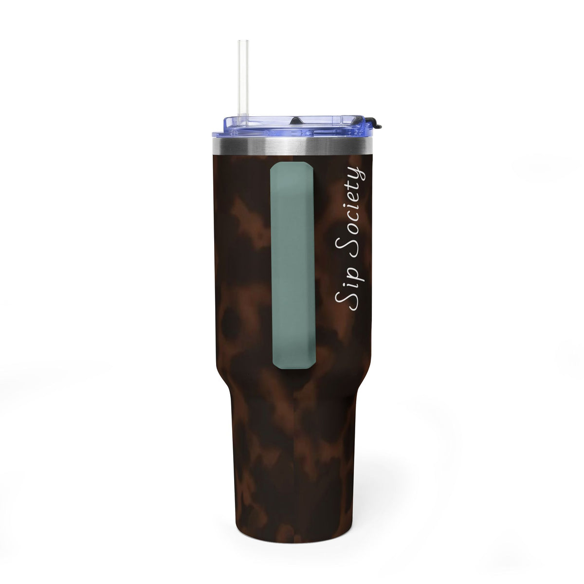 40oz Tumbler - Brown Tortoiseshell Thermal Travel Mug with 'Sip Society' Script